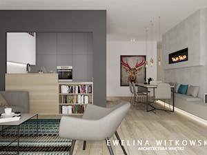 Apartament na Mokotowie - Średni biały szary salon z kuchnią z jadalnią z bibiloteczką, styl nowoczesny - zdjęcie od Ewelina Witkowska Architektura Wnętrz