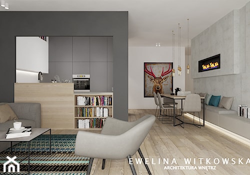 Apartament na Mokotowie - Średni biały szary salon z kuchnią z jadalnią z bibiloteczką, styl nowoczesny - zdjęcie od Ewelina Witkowska Architektura Wnętrz