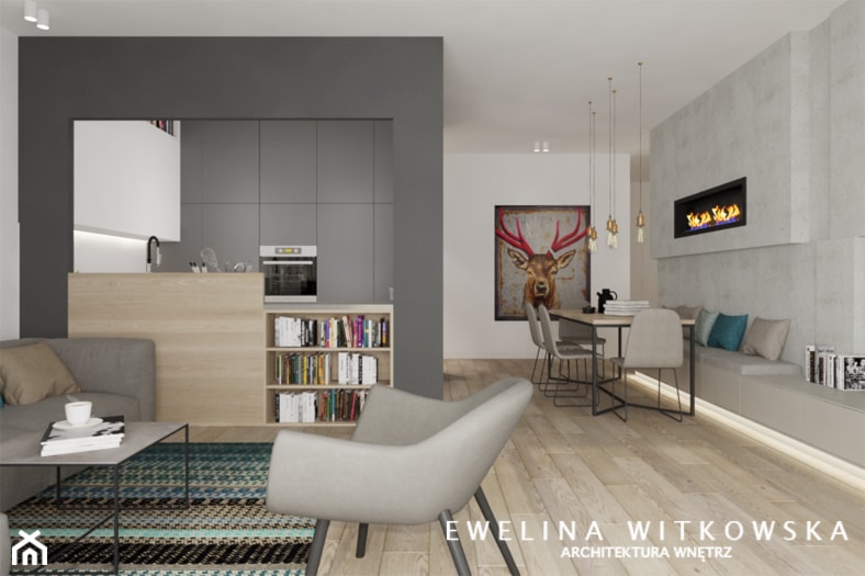 Apartament na Mokotowie - Średni biały szary salon z kuchnią z jadalnią z bibiloteczką, styl nowoczesny - zdjęcie od Ewelina Witkowska Architektura Wnętrz