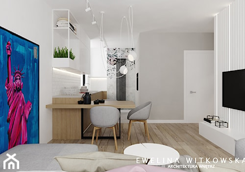 Mieszkanie na warszawskiej Ochocie - Mały szary salon z kuchnią z jadalnią, styl nowoczesny - zdjęcie od Ewelina Witkowska Architektura Wnętrz