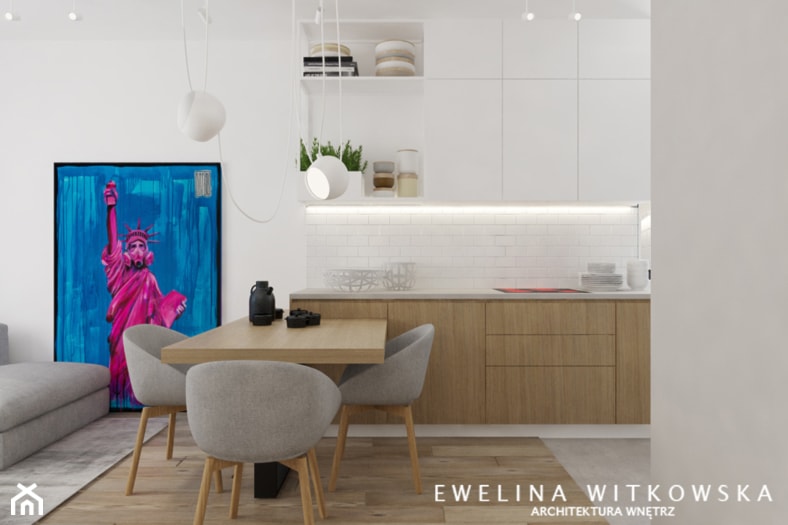 Mieszkanie na warszawskiej Ochocie - Mała otwarta z salonem z kamiennym blatem szara z zabudowaną lodówką kuchnia jednorzędowa, styl nowoczesny - zdjęcie od Ewelina Witkowska Architektura Wnętrz