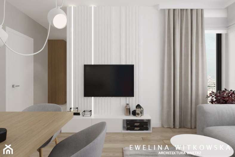 Mieszkanie na warszawskiej Ochocie - Średni biały salon z jadalnią, styl nowoczesny - zdjęcie od Ewelina Witkowska Architektura Wnętrz