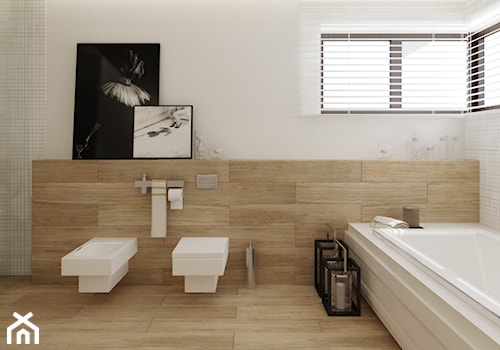 Łazienka w drewnie - Duża jako pokój kąpielowy łazienka z oknem, styl nowoczesny - zdjęcie od Ewelina Witkowska Architektura Wnętrz