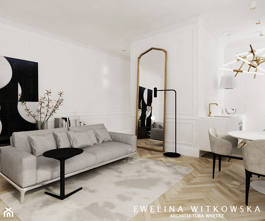 Mieszkanie w warszawskiej kamienicy - Mały biały salon z kuchnią z jadalnią, styl tradycyjny - zdjęcie od Ewelina Witkowska Architektura Wnętrz