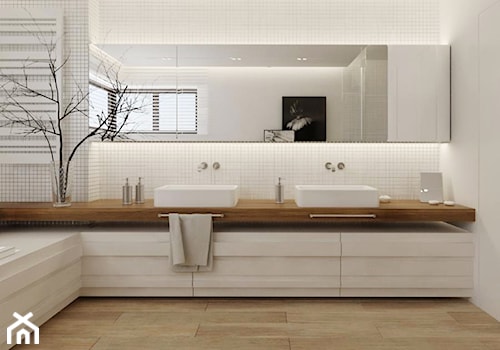 Łazienka w drewnie - Duża z dwoma umywalkami łazienka z oknem, styl nowoczesny - zdjęcie od Ewelina Witkowska Architektura Wnętrz