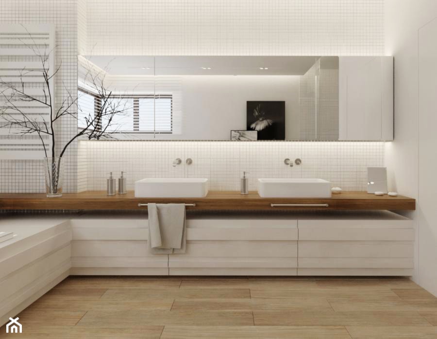 Łazienka w drewnie - Duża z dwoma umywalkami łazienka z oknem, styl nowoczesny - zdjęcie od Ewelina Witkowska Architektura Wnętrz