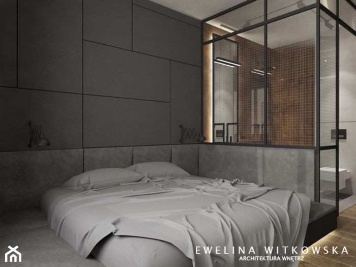 Mieszkanie w warszawskim Wilanowie - Średnia szara sypialnia z łazienką, styl industrialny - zdjęcie od Ewelina Witkowska Architektura Wnętrz