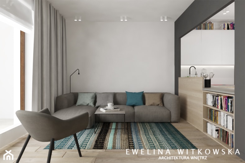 Apartament na Mokotowie - Mały czarny szary salon z kuchnią, styl nowoczesny - zdjęcie od Ewelina Witkowska Architektura Wnętrz