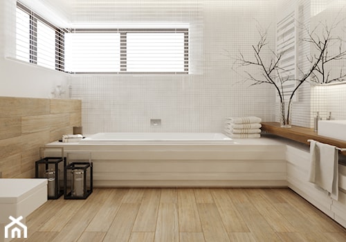 Łazienka w drewnie - Średnia z pralką / suszarką łazienka z oknem, styl nowoczesny - zdjęcie od Ewelina Witkowska Architektura Wnętrz