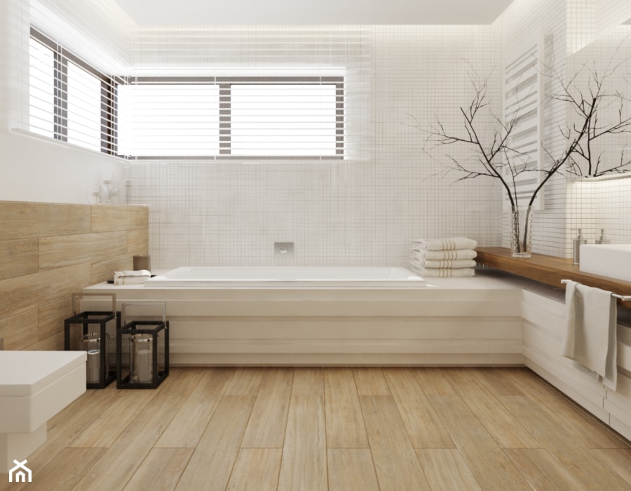 Łazienka w drewnie - Średnia z pralką / suszarką łazienka z oknem, styl nowoczesny - zdjęcie od Ewelina Witkowska Architektura Wnętrz