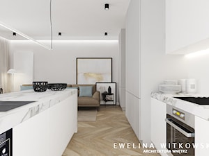 Projekt na warszawskiej Woli - Średnia otwarta z salonem biała z zabudowaną lodówką z podblatowym zlewozmywakiem kuchnia dwurzędowa z oknem, styl nowoczesny - zdjęcie od Ewelina Witkowska Architektura Wnętrz