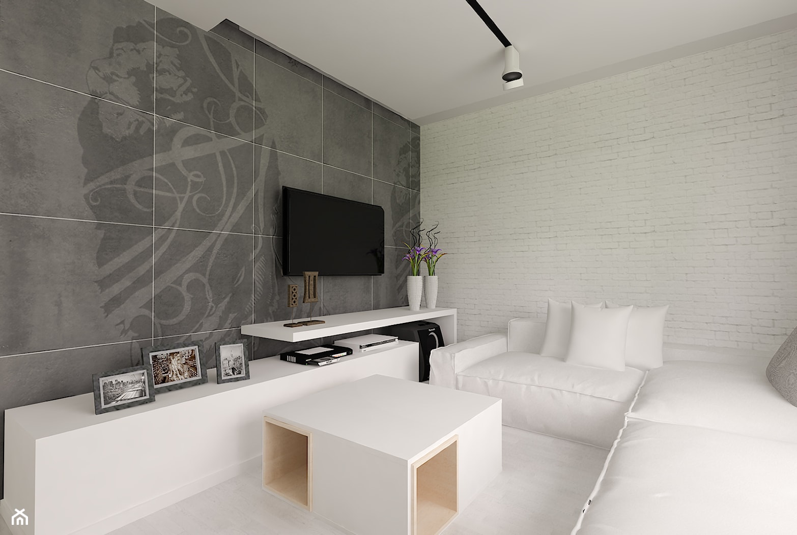 salon w bieli, cegle i betonie - zdjęcie od Michał Ślusarczyk - Homebook