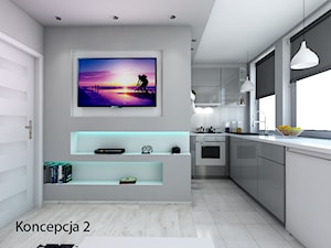Aranżacja pokoju dziennego z aneksem kuchennym w kawalerce 24 m2 - zdjęcie od Michał Ślusarczyk