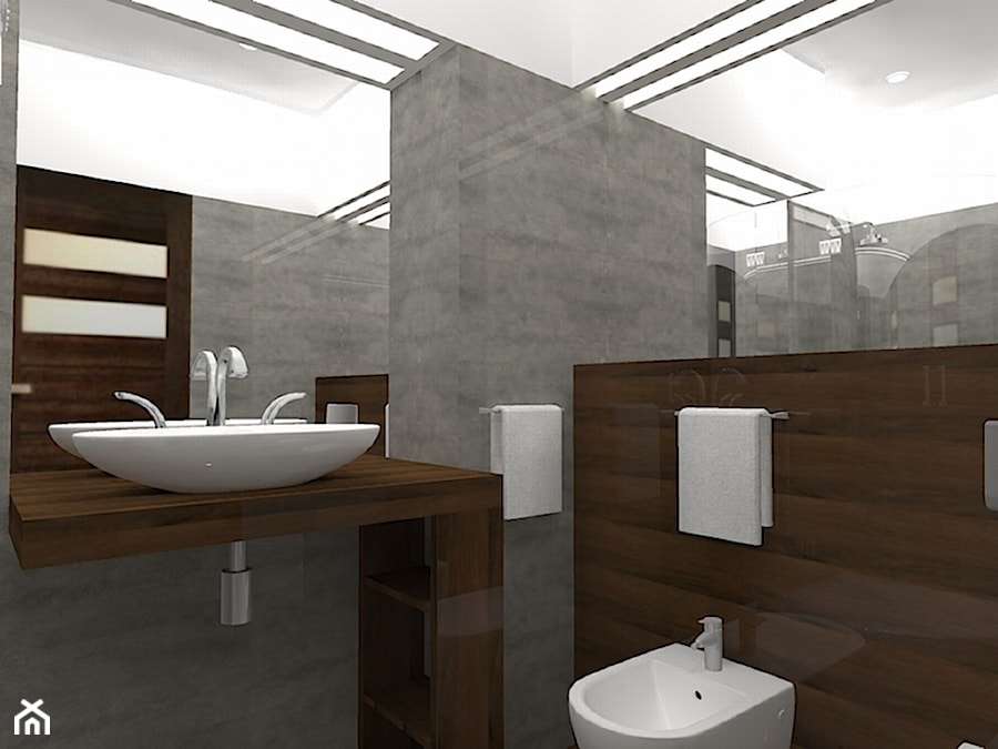 łazienka szarość i drewno- etap projektowy - zdjęcie od Dekomania Studio