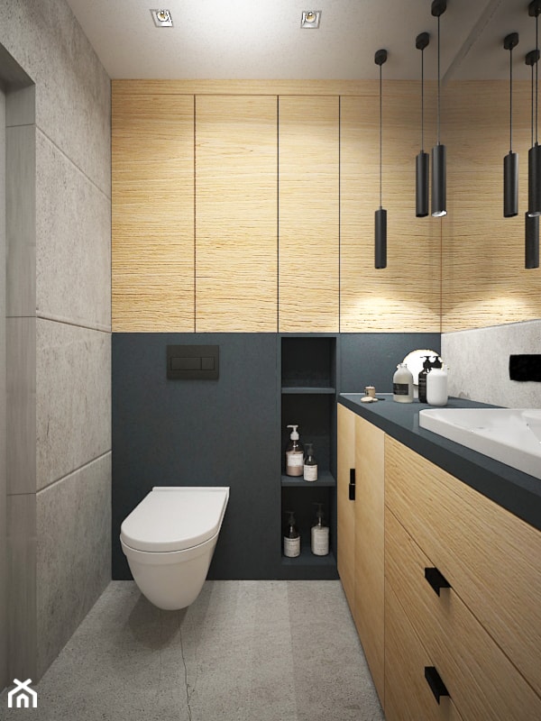 In grey tones - Mała bez okna z lustrem z punktowym oświetleniem łazienka, styl nowoczesny - zdjęcie od NOON Pracownia Projektowa