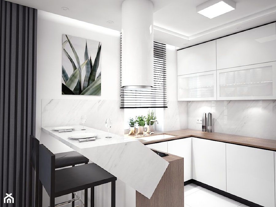 Mieszkanie w Dębicy - Mała otwarta biała z zabudowaną lodówką z podblatowym zlewozmywakiem kuchnia w kształcie litery u z oknem z marmurem nad blatem kuchennym, styl nowoczesny - zdjęcie od looma