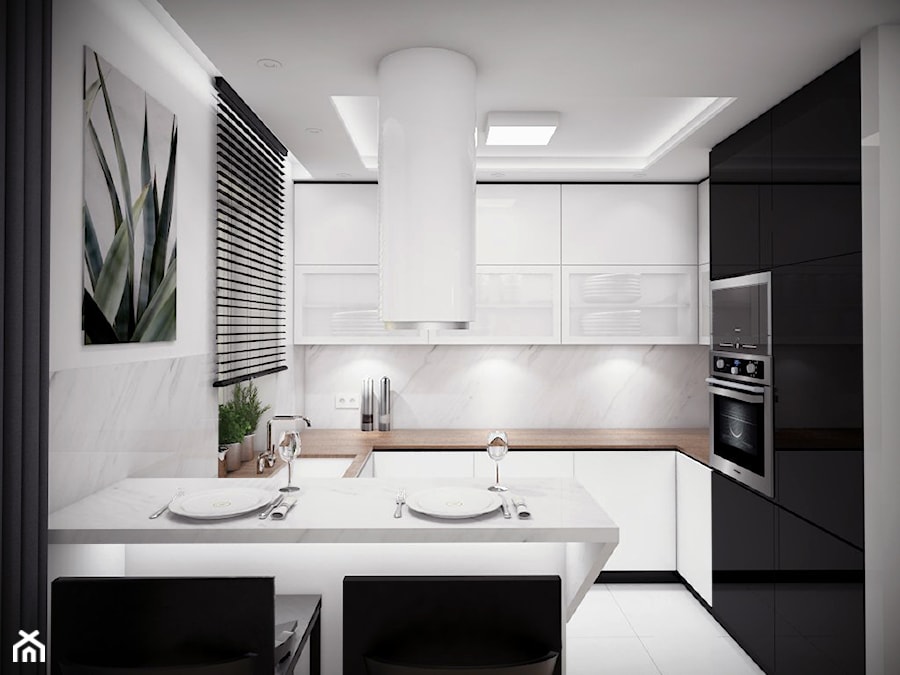 Mieszkanie w Dębicy - Średnia zamknięta biała szara z zabudowaną lodówką z podblatowym zlewozmywakiem kuchnia w kształcie litery g z oknem z marmurem nad blatem kuchennym, styl nowoczesny - zdjęcie od looma