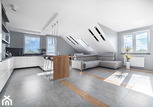 Mieszkanie Legnica realizacja - Duży biały szary salon z kuchnią z jadalnią, styl nowoczesny - zdjęcie od Niebudek Interior Design Agnieszka Niebudek