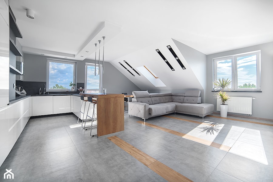 Mieszkanie Legnica realizacja - Duży biały szary salon z kuchnią z jadalnią, styl nowoczesny - zdjęcie od Niebudek Interior Design Agnieszka Niebudek