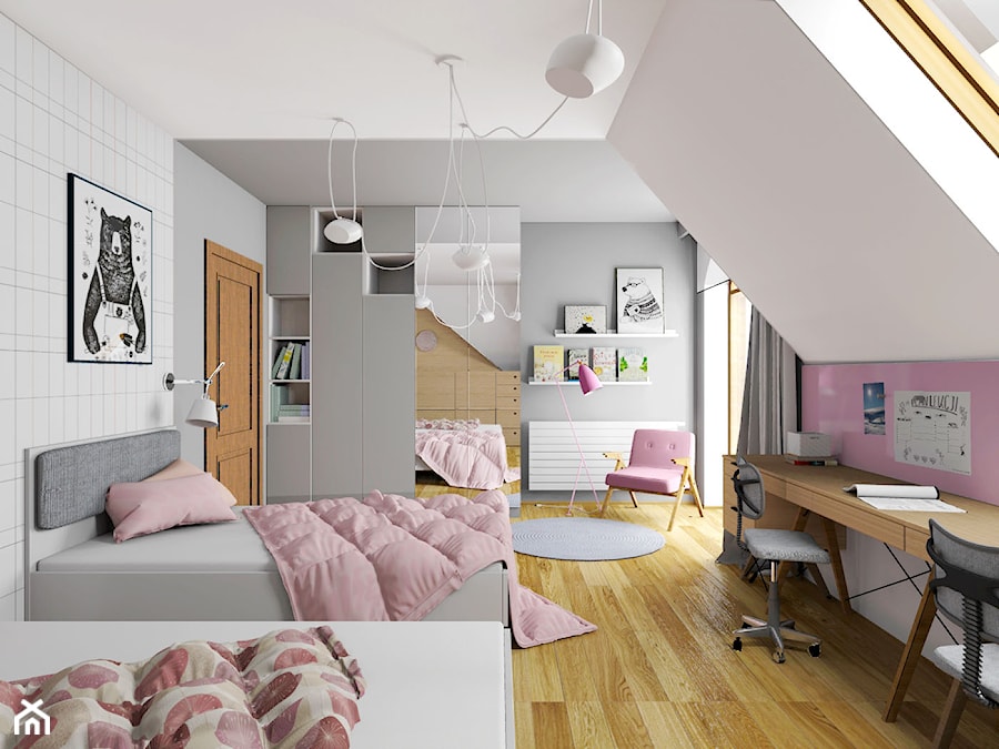 Pokój dziewczynek - Duży różowy szary pokój dziecka dla nastolatka dla chłopca dla dziewczynki dla rodzeństwa, styl nowoczesny - zdjęcie od Miliform