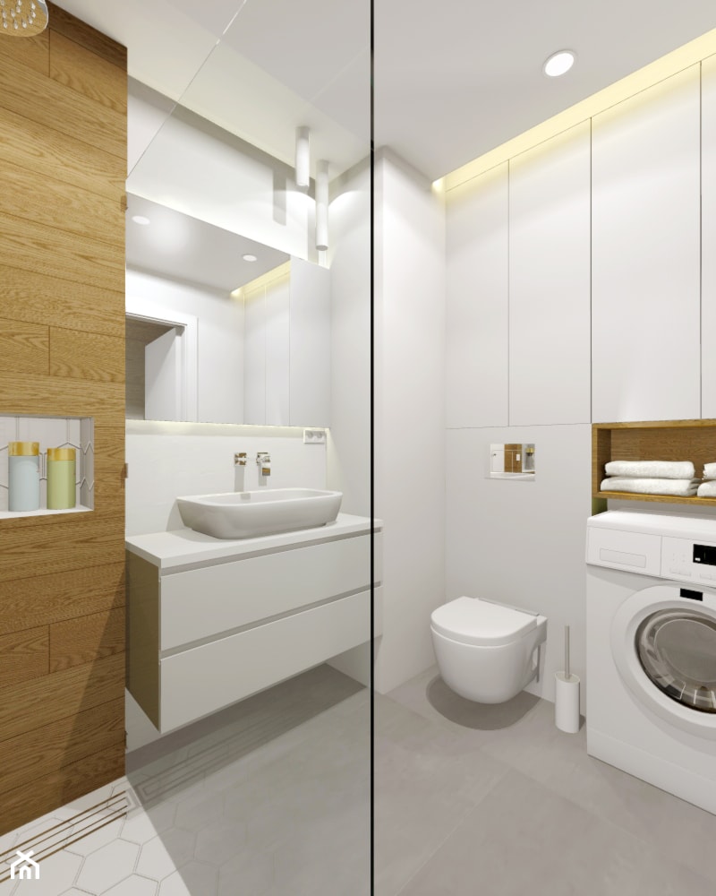 Mieszkanie J.T. - Mała bez okna z pralką / suszarką z punktowym oświetleniem łazienka, styl nowoczesny - zdjęcie od Miliform