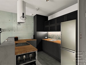 Mieszkanie Mokotów - Średnia otwarta z salonem szara z zabudowaną lodówką kuchnia w kształcie litery u, styl industrialny - zdjęcie od 4-style Studio Projektowe