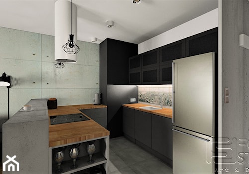 Mieszkanie Mokotów - Średnia otwarta z salonem szara z zabudowaną lodówką kuchnia w kształcie litery u, styl industrialny - zdjęcie od 4-style Studio Projektowe