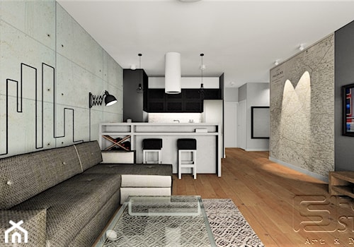Mieszkanie Mokotów - Średni szary salon z kuchnią z jadalnią, styl industrialny - zdjęcie od 4-style Studio Projektowe