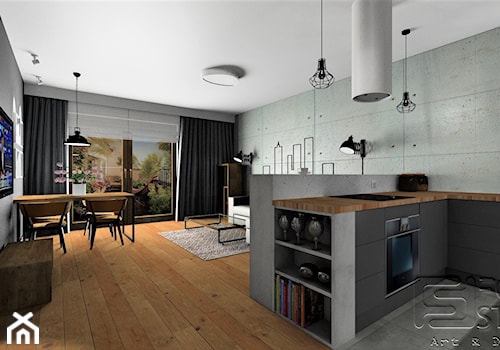 Mieszkanie Mokotów - Mała otwarta z salonem szara z zabudowaną lodówką z lodówką wolnostojącą kuchnia w kształcie litery u z oknem, styl industrialny - zdjęcie od 4-style Studio Projektowe