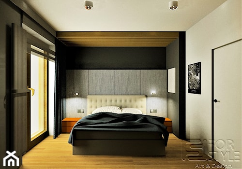 Mieszkanie na Bielanach - Średnia biała czarna szara sypialnia z balkonem / tarasem, styl nowoczesny - zdjęcie od 4-style Studio Projektowe