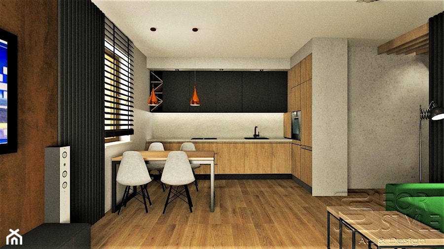Mieszkanie na Bielanach - Średnia otwarta z salonem z kamiennym blatem szara z zabudowaną lodówką z nablatowym zlewozmywakiem kuchnia w kształcie litery l z oknem z marmurem nad blatem kuchennym, styl nowoczesny - zdjęcie od 4-style Studio Projektowe