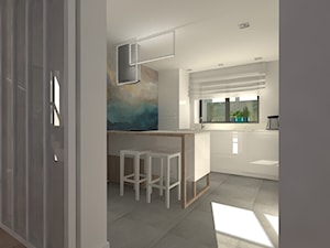 Dom 140m - Średnia zamknięta z kamiennym blatem biała szara z lodówką wolnostojącą kuchnia jednorzędowa z wyspą lub półwyspem z oknem z marmurem nad blatem kuchennym, styl nowoczesny - zdjęcie od Projekt Kolektyw