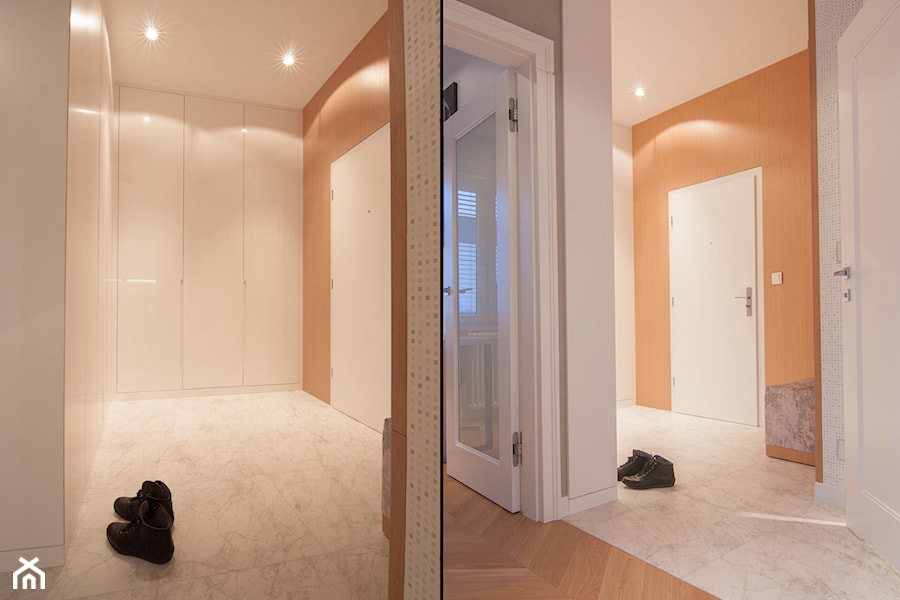 Mieszkanie 60m2 - Średni biały pomarańczowy hol / przedpokój, styl nowoczesny - zdjęcie od Projekt Kolektyw