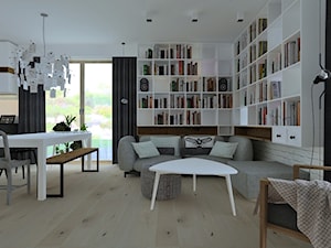 Dom 100m - Duży biały salon z jadalnią z bibiloteczką, styl nowoczesny - zdjęcie od Projekt Kolektyw