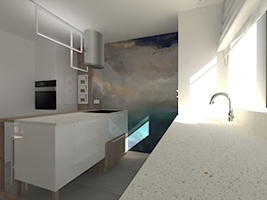 Dom 140m - Średnia zamknięta z kamiennym blatem biała z zabudowaną lodówką z podblatowym zlewozmywakiem kuchnia jednorzędowa z wyspą lub półwyspem z oknem z kompozytem na ścianie nad blatem kuchennym, styl nowoczesny - zdjęcie od Projekt Kolektyw