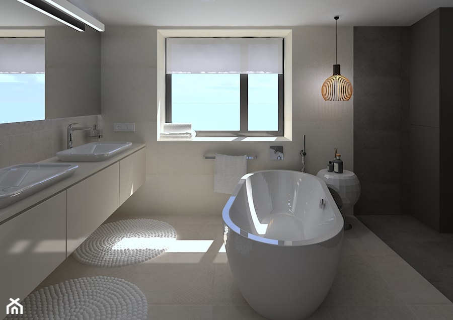 Dom 140m - Średnia na poddaszu z dwoma umywalkami łazienka z oknem, styl nowoczesny - zdjęcie od Projekt Kolektyw