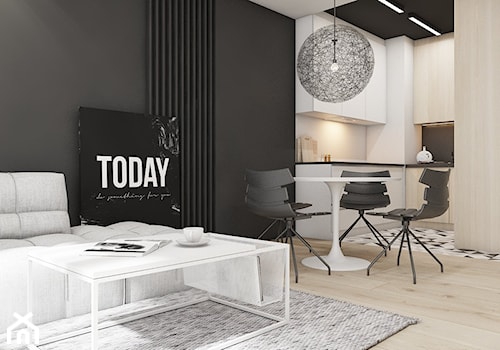 mieszkanie w Katowicach 2018 - Mały biały czarny salon z kuchnią z jadalnią, styl nowoczesny - zdjęcie od A2 STUDIO pracownia architektury