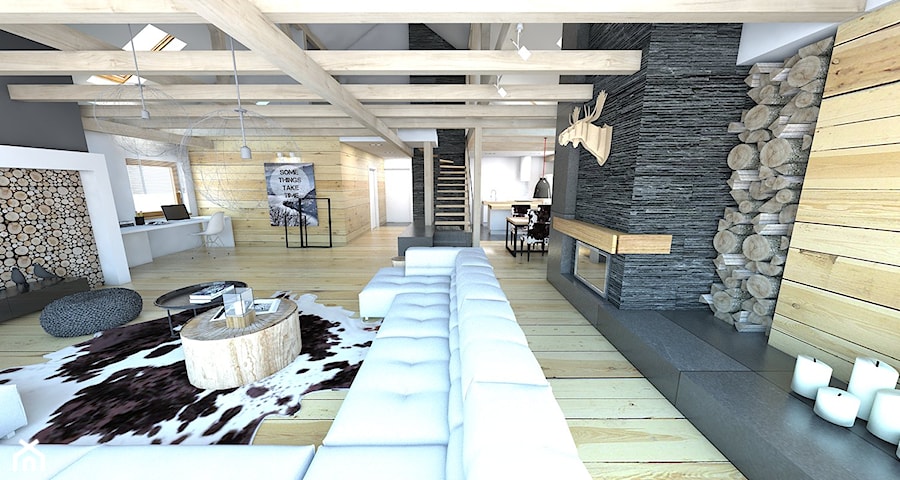 apartament w stylu góraskim - Duży biały czarny salon z kuchnią z jadalnią, styl skandynawski - zdjęcie od A2 STUDIO pracownia architektury