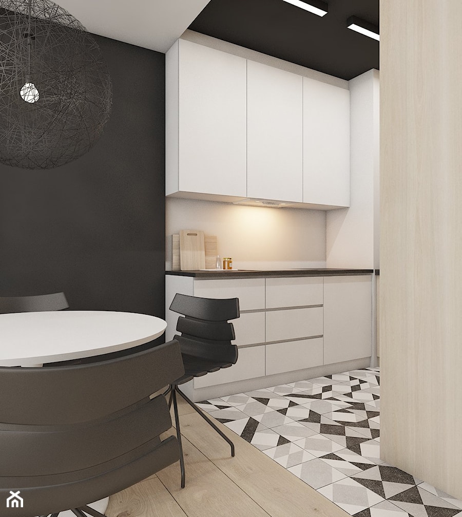 mieszkanie w Katowicach 2018 - Mała otwarta z kamiennym blatem biała czarna z zabudowaną lodówką kuchnia jednorzędowa, styl nowoczesny - zdjęcie od A2 STUDIO pracownia architektury