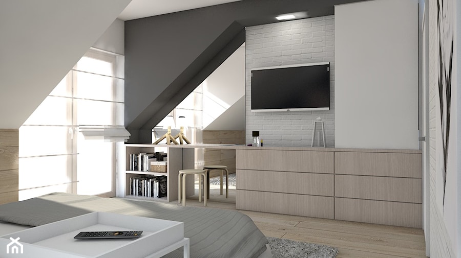 Sypialnia 1 / dom jednorodzinny. - Średnia biała szara z biurkiem sypialnia na poddaszu z balkonem / tarasem, styl minimalistyczny - zdjęcie od A2 STUDIO pracownia architektury