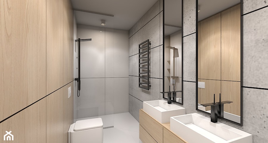 dom jednorodzinny w Ozimku - Średnia z dwoma umywalkami z punktowym oświetleniem łazienka, styl nowoczesny - zdjęcie od A2 STUDIO pracownia architektury