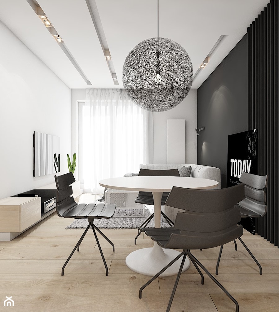 mieszkanie w Katowicach 2018 - Średni biały czarny salon z jadalnią, styl nowoczesny - zdjęcie od A2 STUDIO pracownia architektury