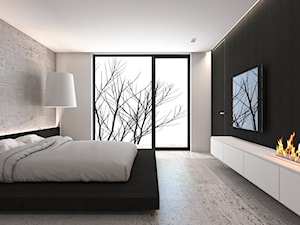 Dom jednorodzinny X / Tarnowskie Góry. - Duża biała czarna szara sypialnia z balkonem / tarasem, styl minimalistyczny - zdjęcie od A2 STUDIO pracownia architektury