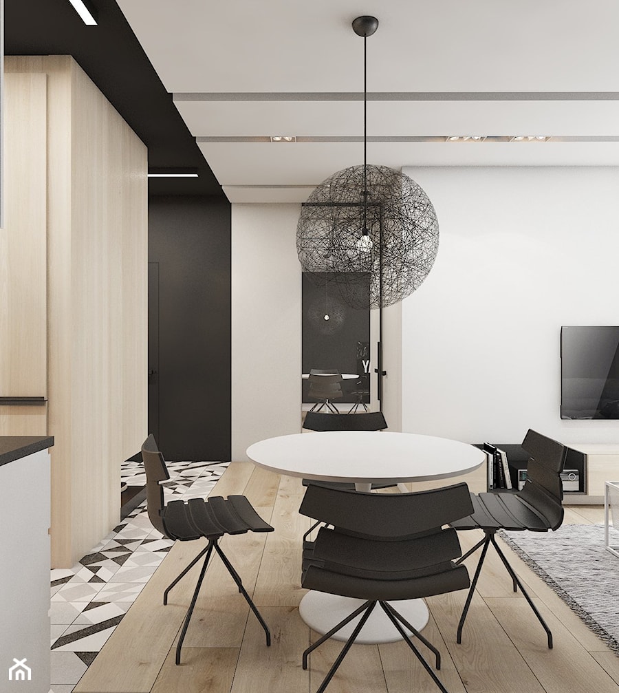 mieszkanie w Katowicach 2018 - Mały biały salon z jadalnią z barkiem, styl nowoczesny - zdjęcie od A2 STUDIO pracownia architektury