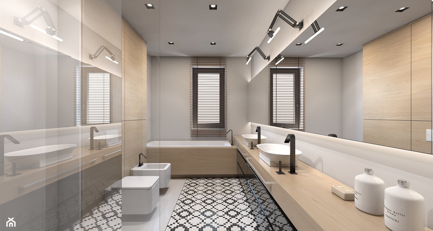 dom jednorodzinny w Ozimku - Duża z dwoma umywalkami z punktowym oświetleniem łazienka, styl nowocz ... - zdjęcie od A2 STUDIO pracownia architektury - Homebook