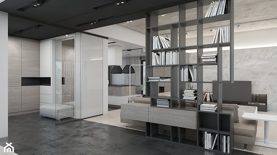 Dom jednorodzinny 2016 Nakło Śląskie - Średni biały szary salon z kuchnią z jadalnią, styl nowoczesny - zdjęcie od A2 STUDIO pracownia architektury