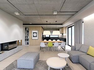 dom jednorodzinny w Ozimku - Duży biały szary salon z kuchnią z jadalnią z tarasem / balkonem, styl nowoczesny - zdjęcie od A2 STUDIO pracownia architektury