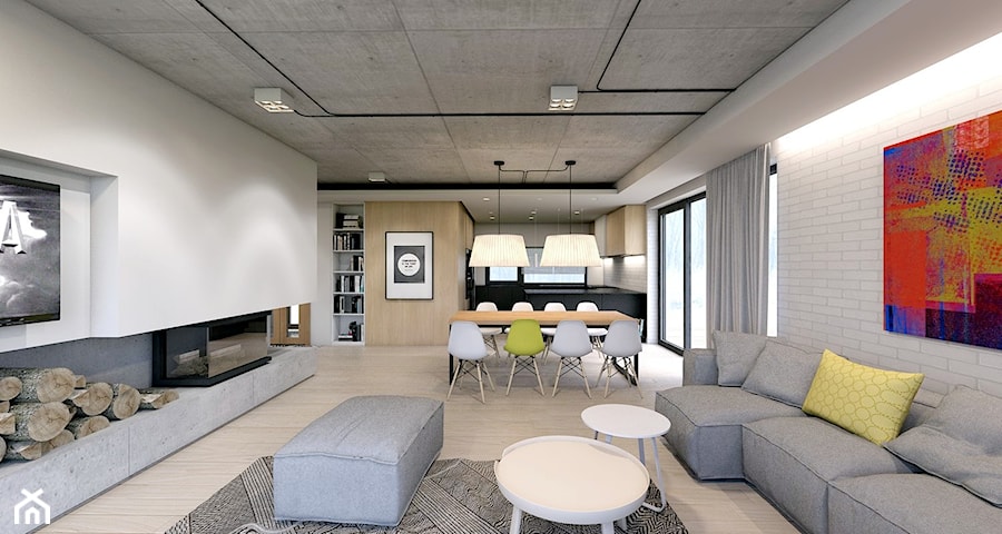 dom jednorodzinny w Ozimku - Duży biały szary salon z kuchnią z jadalnią z tarasem / balkonem, styl nowoczesny - zdjęcie od A2 STUDIO pracownia architektury