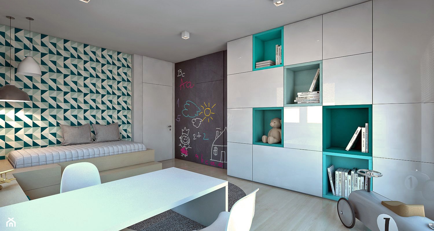 Dom jednorodzinny /Śląsk - Duży biały turkusowy pokój dziecka dla dziecka dla chłopca dla dziewczynk ... - zdjęcie od A2 STUDIO pracownia architektury - Homebook