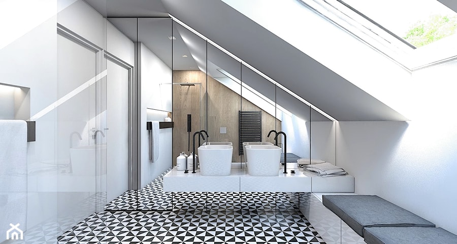 DOM JEDNORODZINNY / GLIWICE - Duża na poddaszu z dwoma umywalkami łazienka z oknem, styl nowoczesny - zdjęcie od A2 STUDIO pracownia architektury